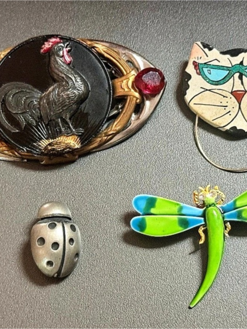 Vintage Artisan Brooch Lot of 4: Quirky Cat, Rooster, Dragonfly, and Ladybug